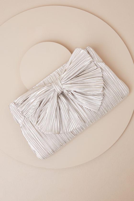 Odilia Champagne Lurex Pleated Bow Clutch Product Image