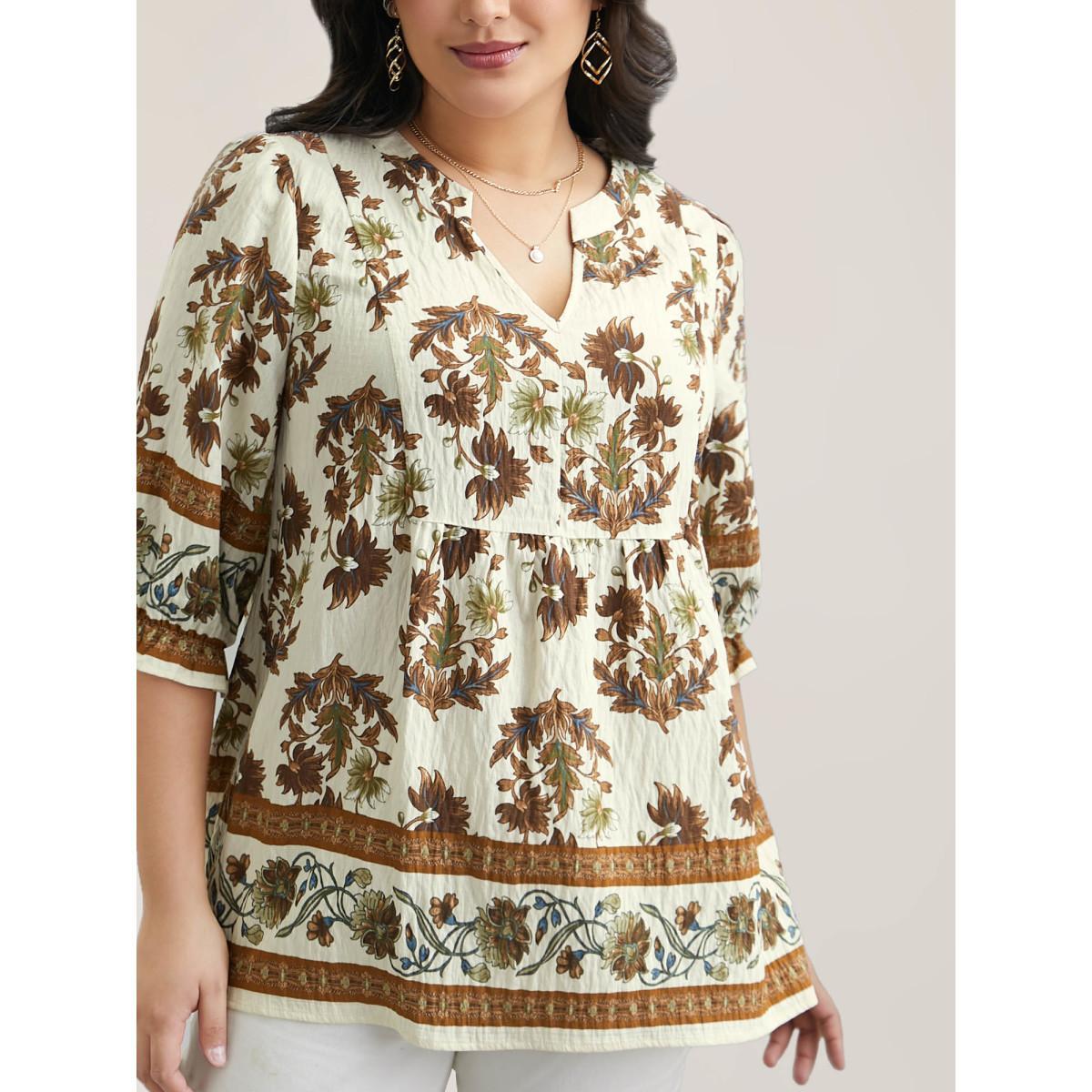 Plus Size Ivory Floral Print Notched Collar Shirt Women Elegant Elbow-length sleeve Notched collar Everyday Blouses BloomChic 30/6X Product Image