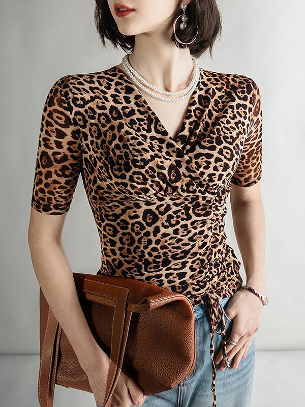 Half Sleeves Skinny Leopard Pleated V-Neck T-Shirts Tops Product Image