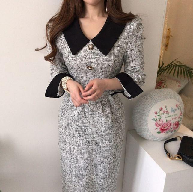 Long-Sleeve Collar Two Tone Tweed Midi Sheath Dress Product Image