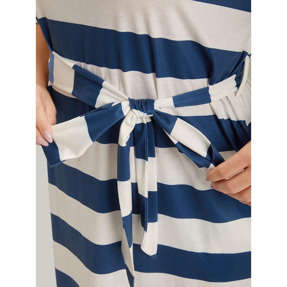 Plus Size Striped Ties Pocket Crew Neck Dress Cerulean Women Casual Belted Round Neck Short sleeve Curvy Midi Dress BloomChic 14-16/1X Product Image