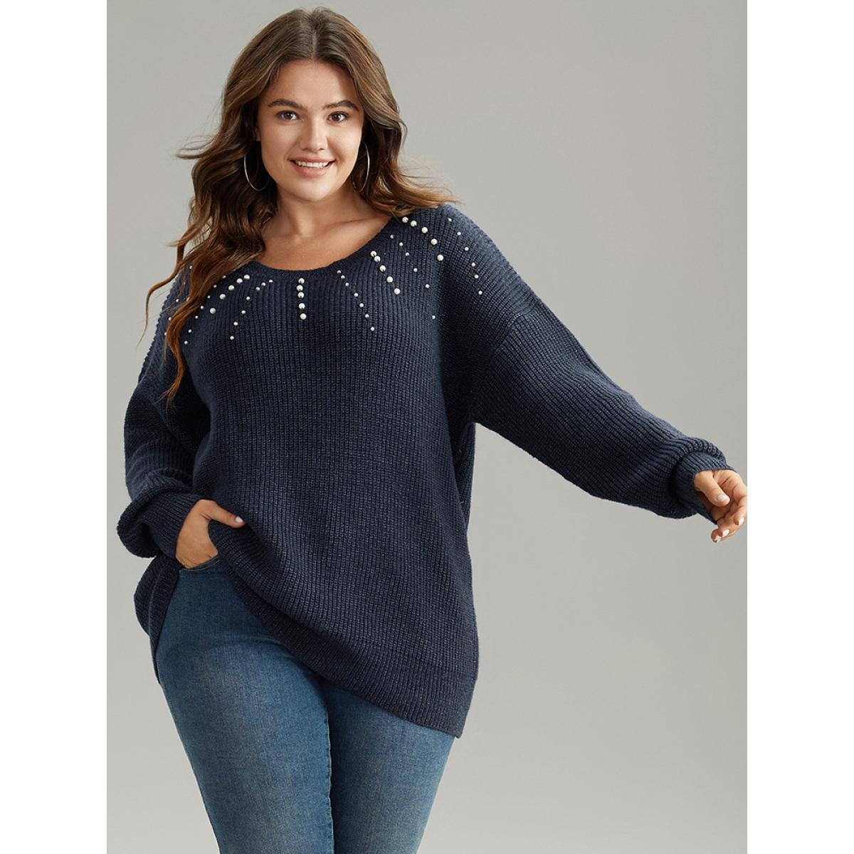 Plus Size Beaded Round Neck Elastic Cuffs Pullover Midnight Women Casual Loose Long Sleeve Round Neck Dailywear Pullovers BloomChic 22-24/3X Product Image
