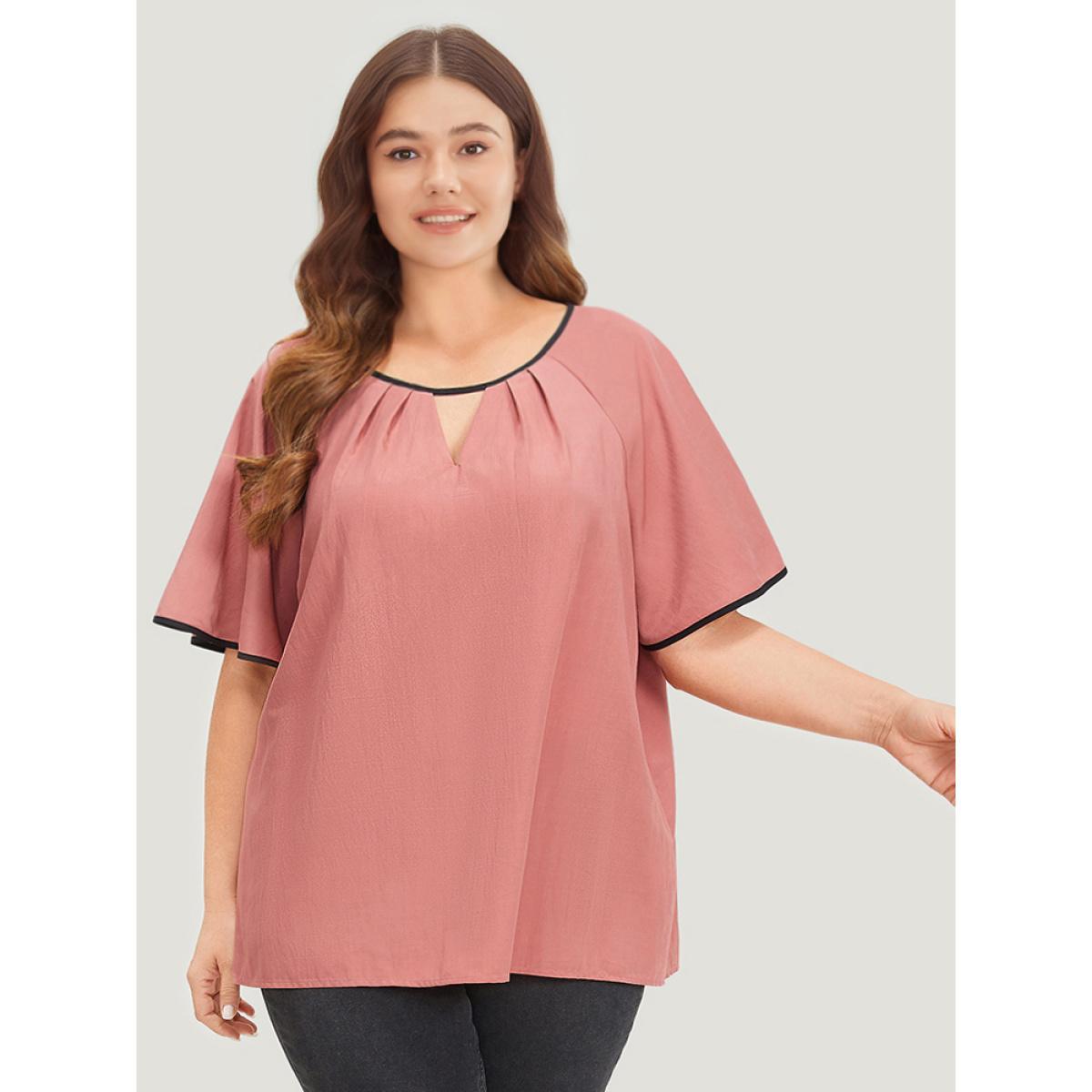Plus Size Rouge Contrast Trim Plicated Detail Ruffle Sleeve Keyhole Blouse Women Elegant Short sleeve Keyhole Cut-Out Dailywear Blouses BloomChic 18-20/2X Product Image