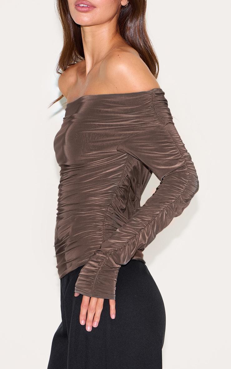 Charcoal Double Layer Slinky Ruched Detail Bardot Long Sleeve Top Product Image