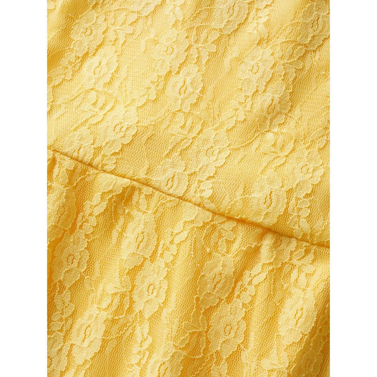 Plus Size Crochet Lace Mesh Ruffle Sleeve Dress Yellow Women Elegant Woven ribbon&lace trim Square Neck Short sleeve Curvy BloomChic 30/6X Product Image