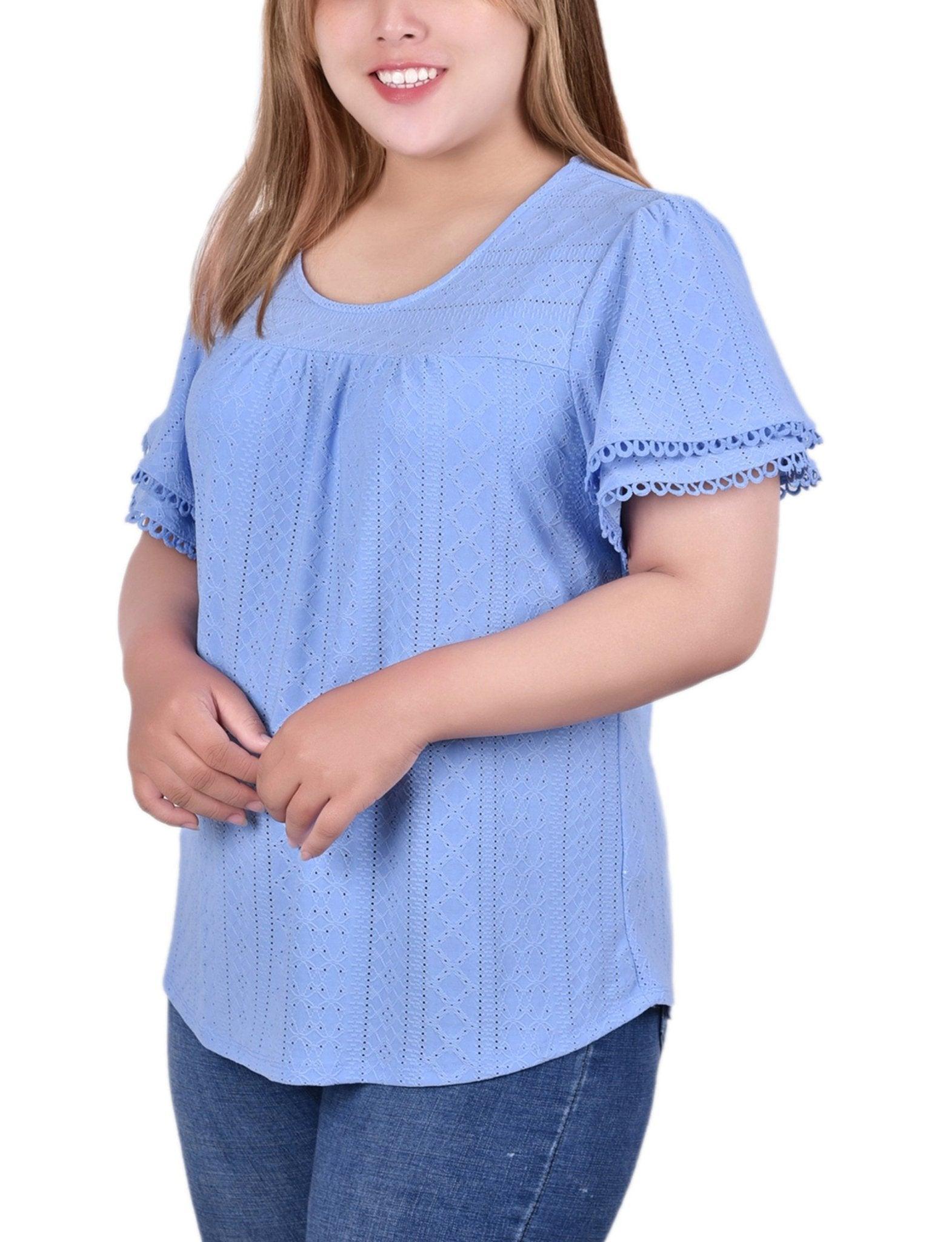 Vista Blue Knit Eyelet Top With Double Sleeve - Plus Product Image