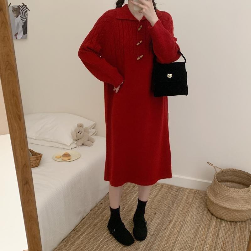 Long-Sleeve Polo-Neck Plain Midi Sweater Dress Product Image