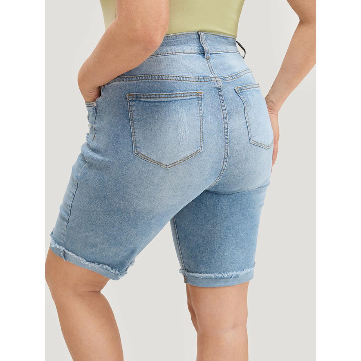 Plus Size Moderately Stretchy High Rise Light Wash Distressed Denim Shorts Women LightBlue Casual Plain Medium stretch Pocket Jeans BloomChic 16/1X Product Image