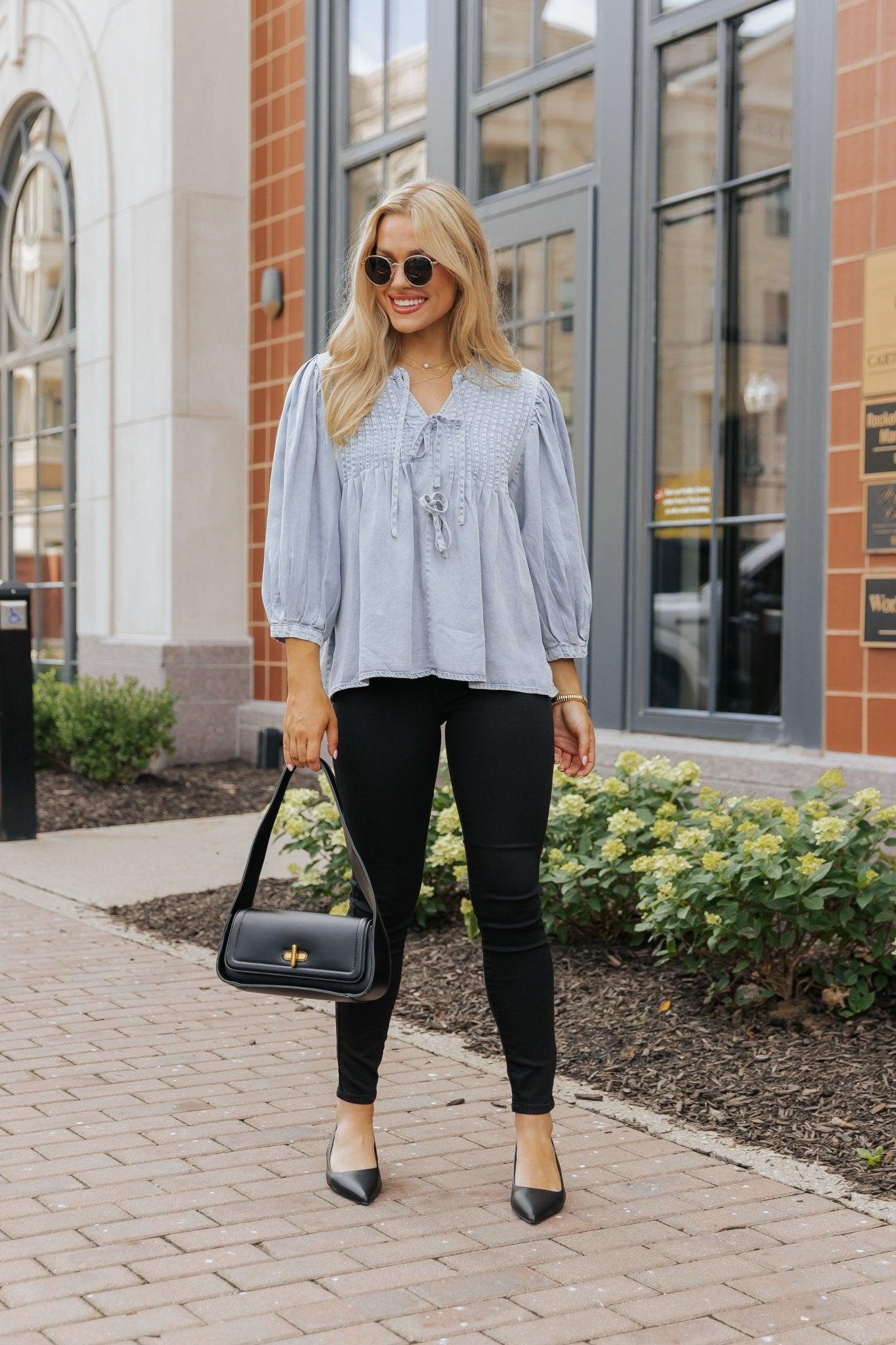 Denim Tie Detail Textured Top - FINAL SALE Female Product Image