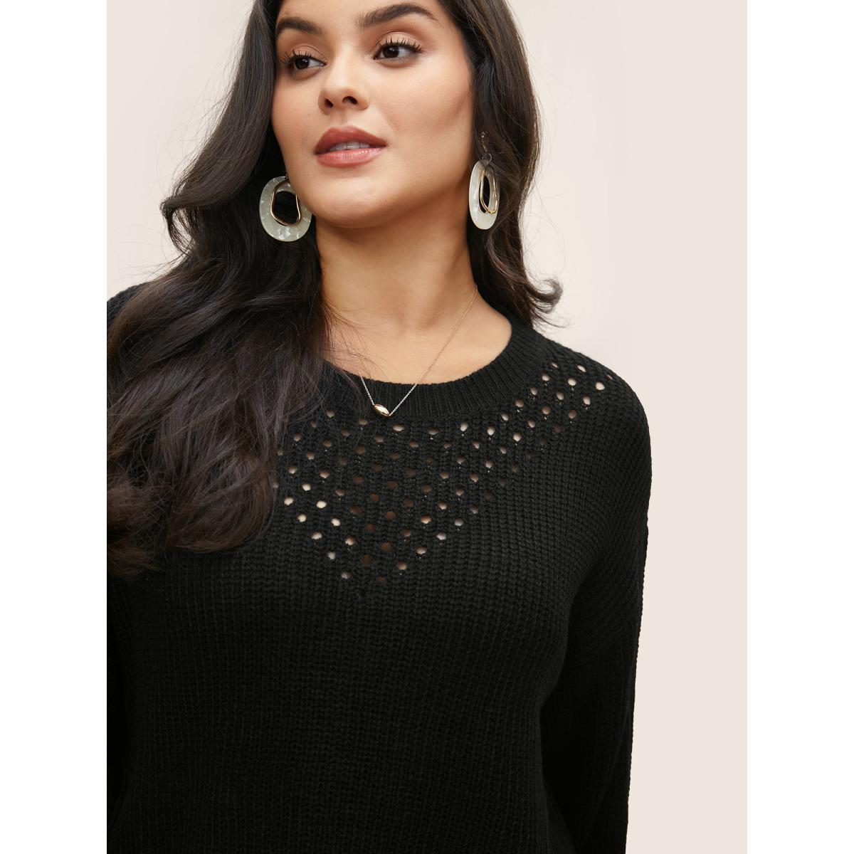 Plus Size Plain Round Neck Hollow Out Drop Shoulder Pullover Black Women Casual Loose Long Sleeve Round Neck Dailywear Pullovers BloomChic 12/L Product Image