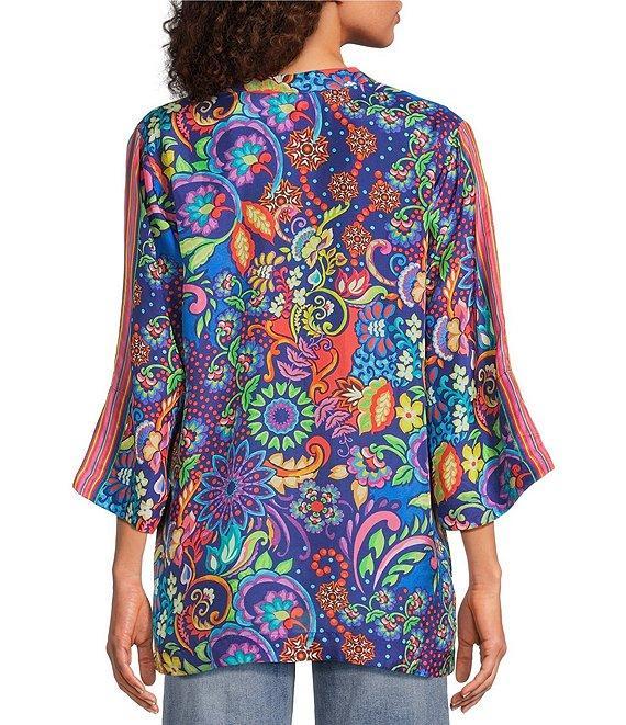 JOHNNY WAS Yuri Mod Floral Print Silk Banded Collar 3/4 Sleeve Five-Button Half-Placket Tunic Product Image