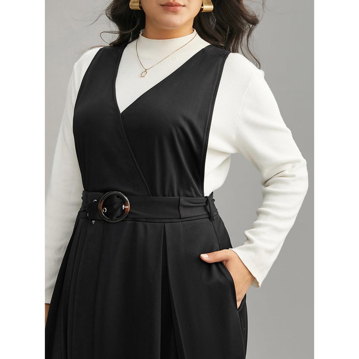 Plus Size Plain Buckle Detail Surplice Neck Tank Dress Black Women Elegant Wrap Overlap Collar Sleeveless Curvy Midi Dress BloomChic 14-16/1X Product Image