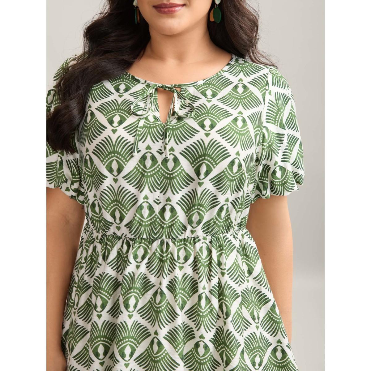 Plus Size Moss Large Floral Print Flared Sleeve Tie Blouse Women Short sleeve Flat collar with V-notch Vacation Blouses BloomChic 12/L Product Image