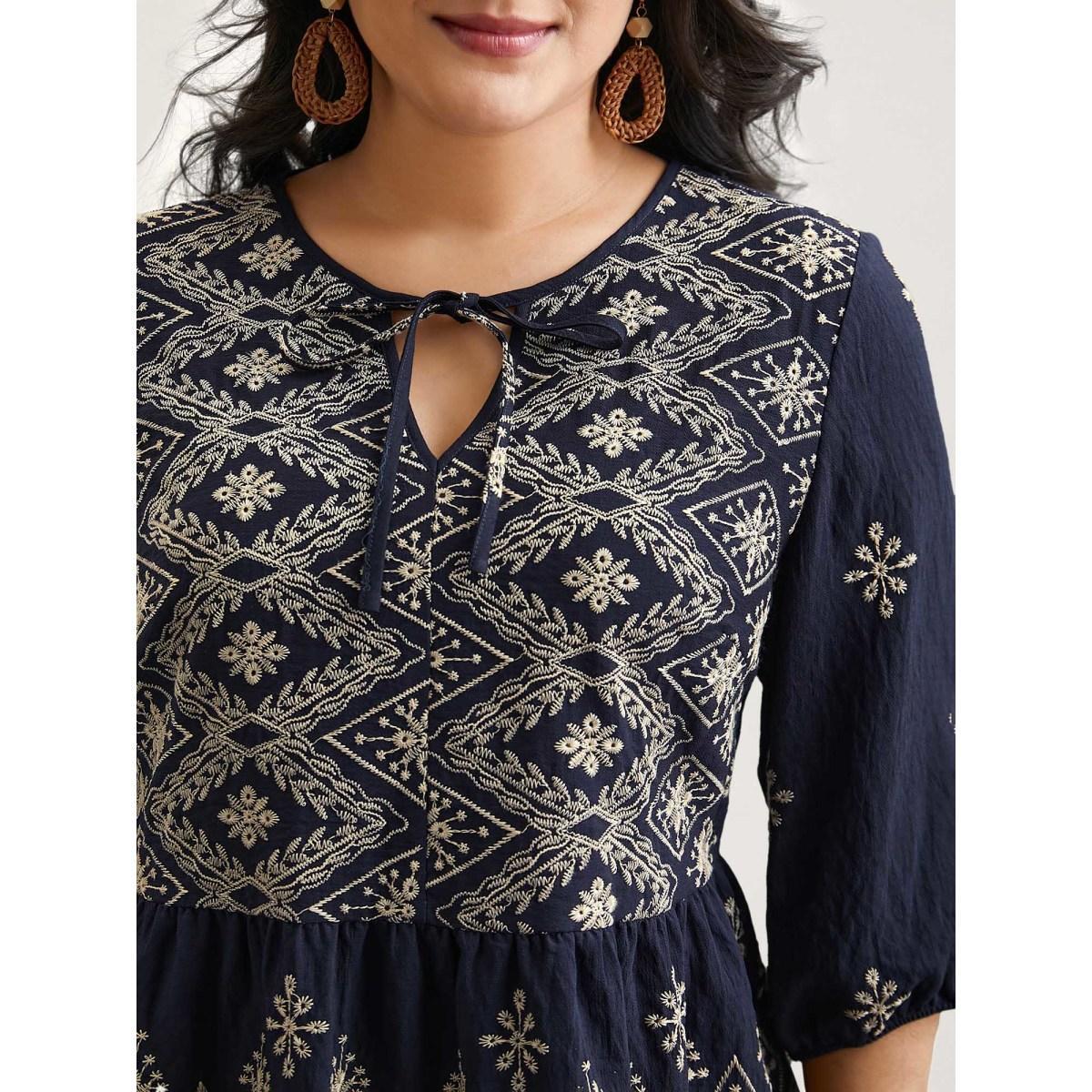 Plus Size Indigo Boho Embroidered Pleated V-Neck Blouse Women Resort Elbow-length sleeve V-neck Vacation Blouses BloomChic 12/L Product Image