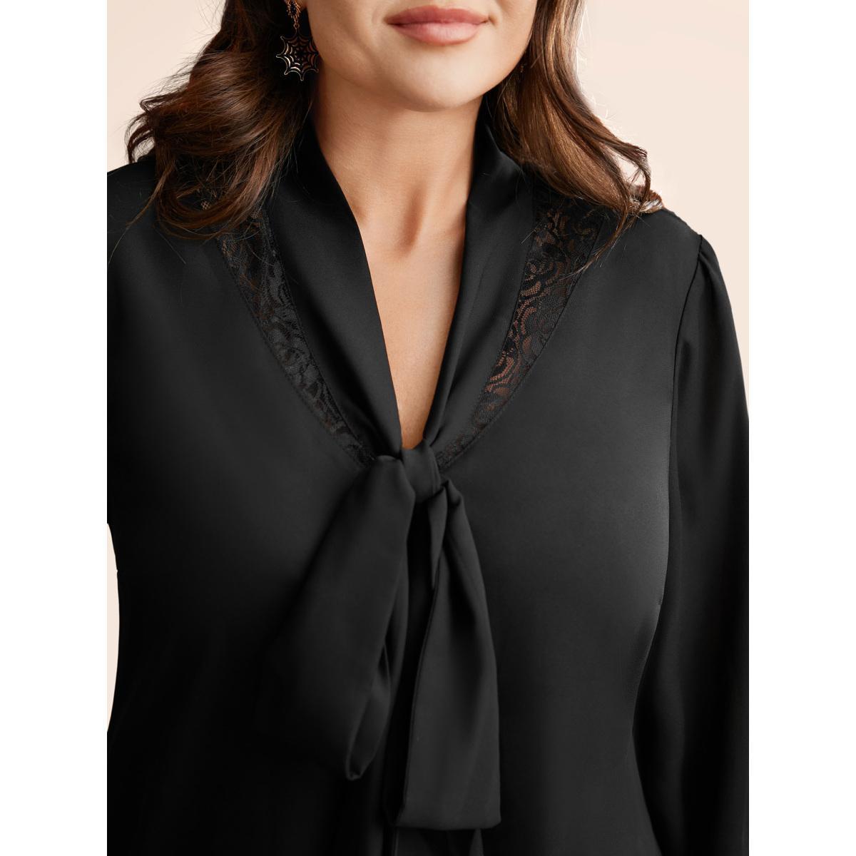 Plus Size Black Lace-Trimmed Adjustable Ties Blouse Women Elegant Long Sleeve Ribbon-tied collar Everyday Blouses BloomChic 12/L Product Image