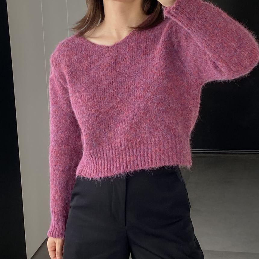 V-Neck Plain Fluffy Cropped Sweater Product Image