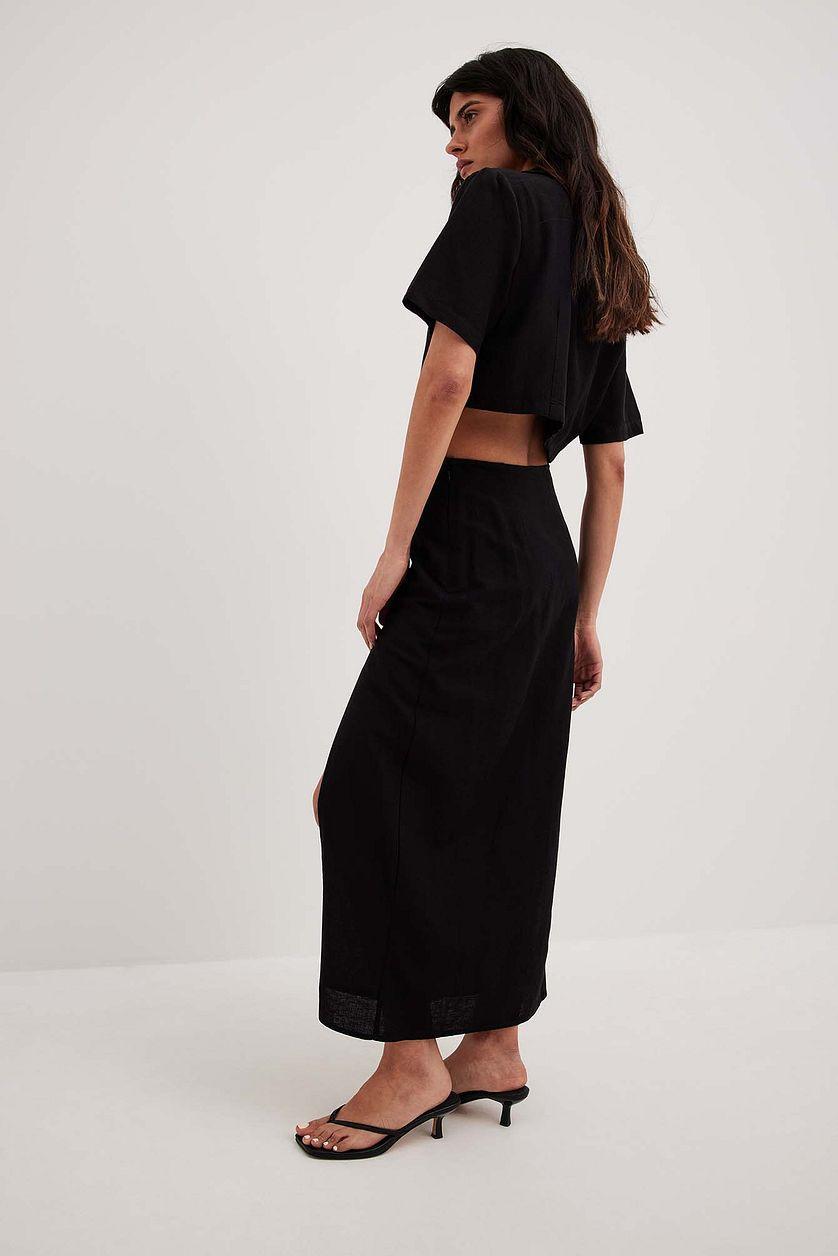 Linen Mix Slit Detail Midi Skirt Product Image