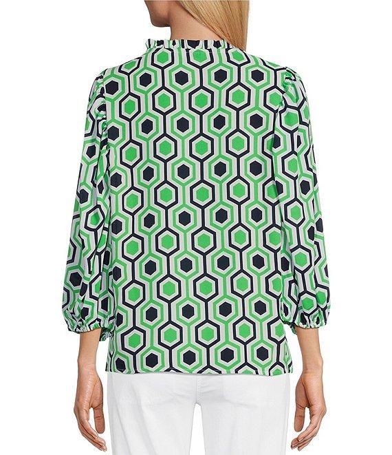 Multiples Woven Printed Ruffled Split V-Neck 3/4 Puff Sleeve Shirred Front Top Product Image