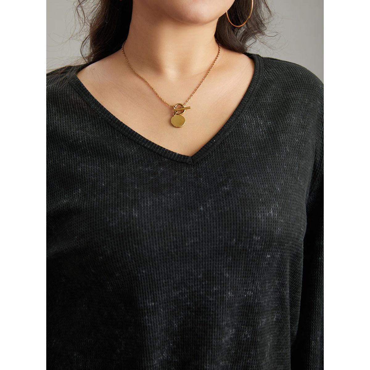 Plus Size Waffle Knit Heather V Neck T-shirt Black Women Casual Waffle Knit Plain V-neck Everyday T-shirts BloomChic 18-20/2X Product Image