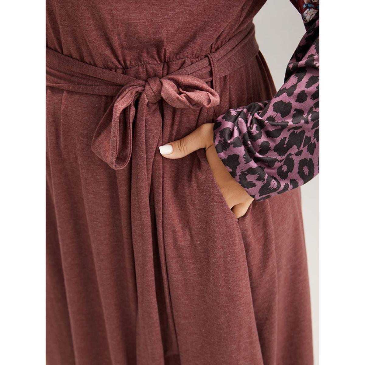 Plus Size Floral Leopard Patchwork Belted Lantern Sleeve Dress DustyPink Women Casual Belted Round Neck Long Sleeve Curvy Midi Dress BloomChic 18-20/2X Product Image
