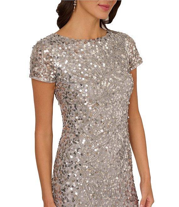 Adrianna Papell Crew Neck Short Sleeve Beaded Sequin Mesh Column Gown Product Image