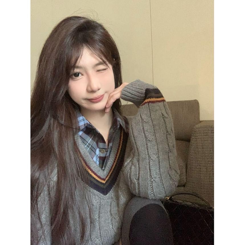 V-Neck Contrast Trim Cable Knit Sweater / Long-Sleeve Plaid Button-Up Shirt Product Image