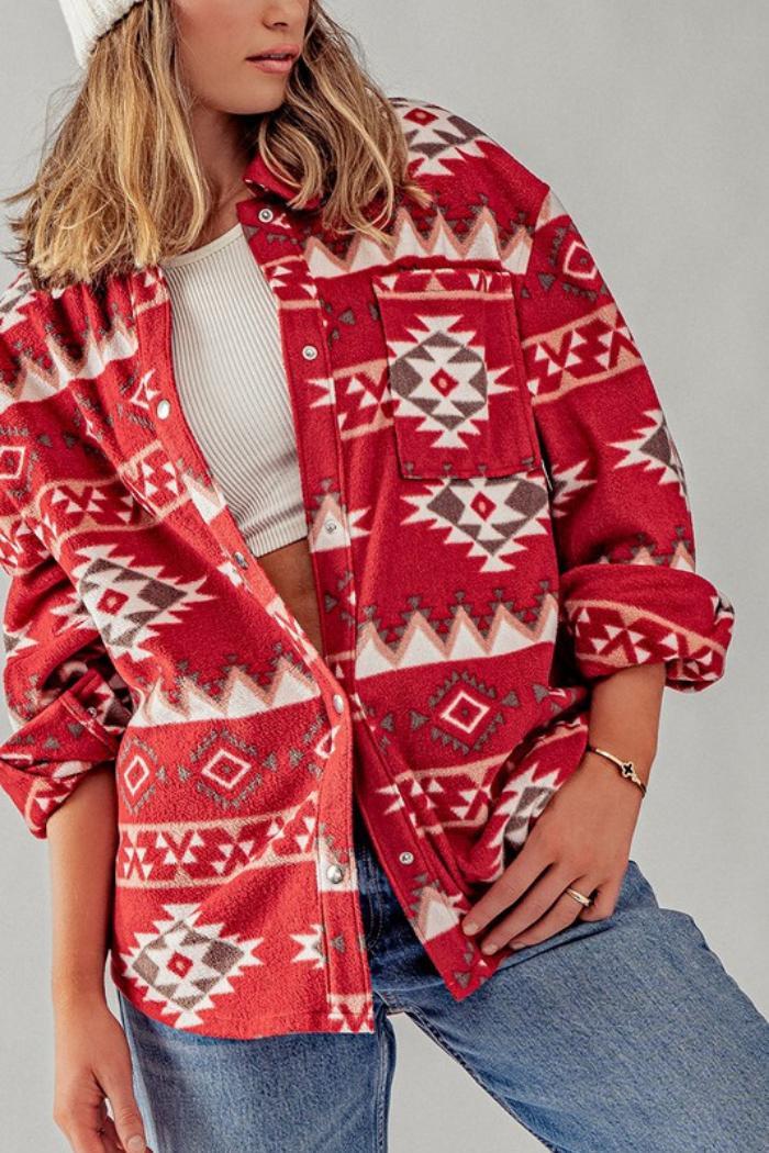 Soft Fleece Aztec Tribal Print Shacket Product Image