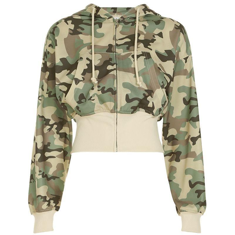 Camouflage Print Zip-Up Jacket / Drawstring Waist Sweatpants / Set Product Image