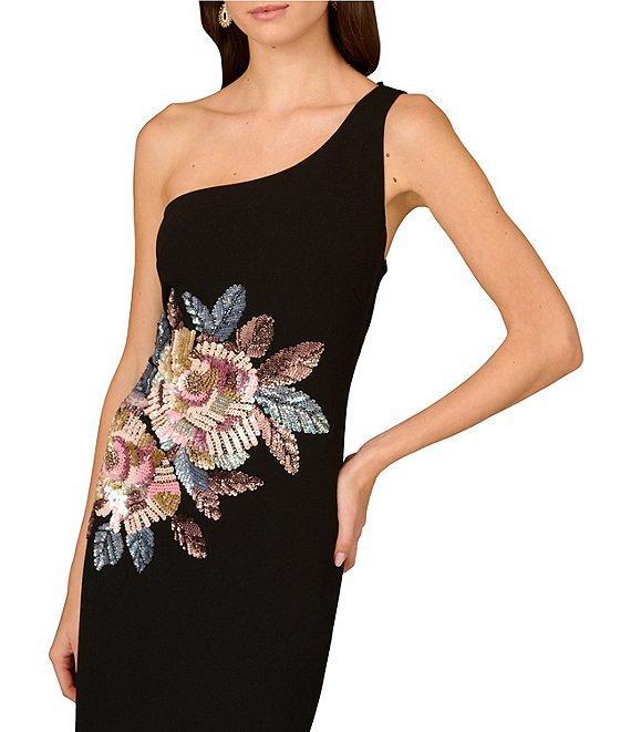 Aidan Mattox Beaded Crepe Flower Pattern One Shoulder Neck Side Slit Column Gown Product Image