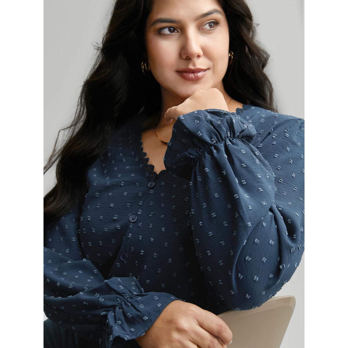 Plus Size Indigo Textured Lace Trim Patchwork Ruffles Blouse Women Elegant Long Sleeve V-neck Everyday Blouses BloomChic 26/4X Product Image