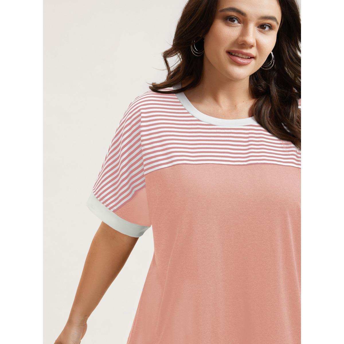 Plus Size Solid and Striped Contrast Hem T-Shirt Nudepink Women Casual Contrast Round Neck Everyday T-shirts BloomChic 18-20/2X Product Image