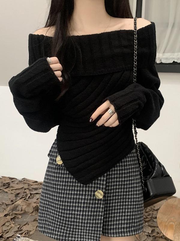 Solid Off Shoulder Hanky Hem Sweater Product Image
