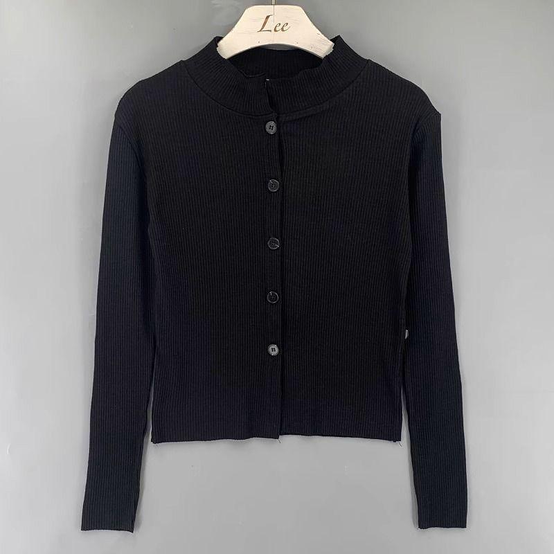 Long-Sleeve Plain Button-Up Asymmetrical Cropped Tee Product Image