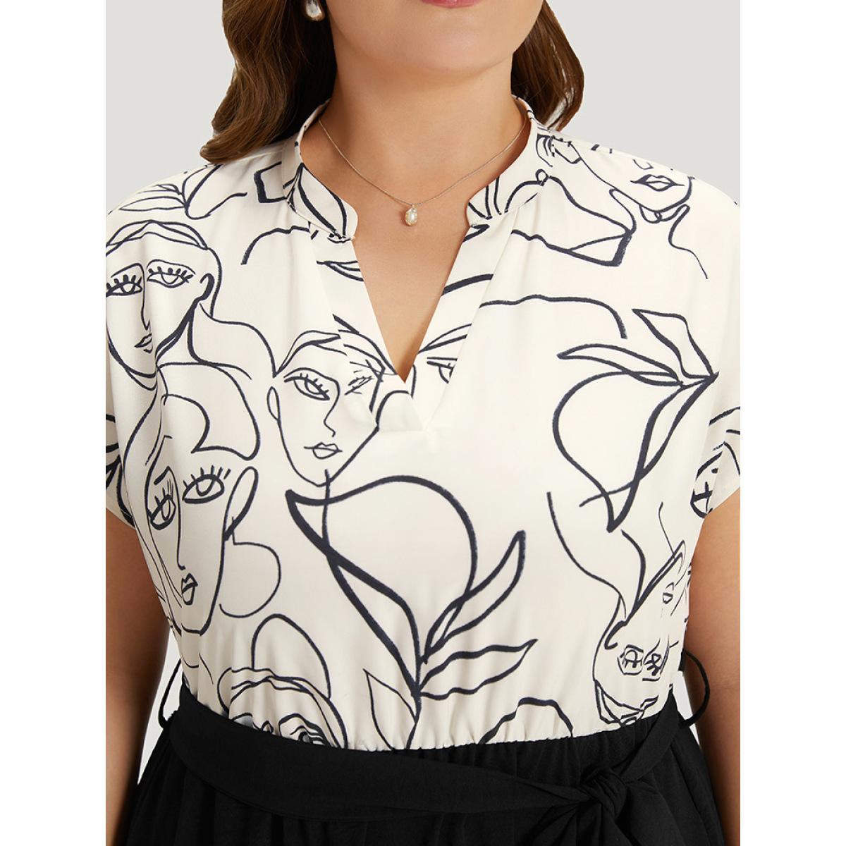 Plus Size Figure Graffiti Notched Patchwork Belted Dress Ivory Women Office Lined Notched collar Short sleeve Curvy Midi Dress BloomChic 18-20/2X Product Image