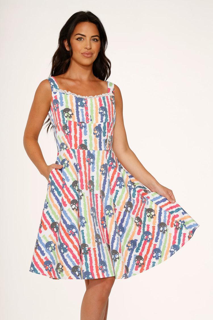 White Skulls Rainbow Swing Dress Product Image