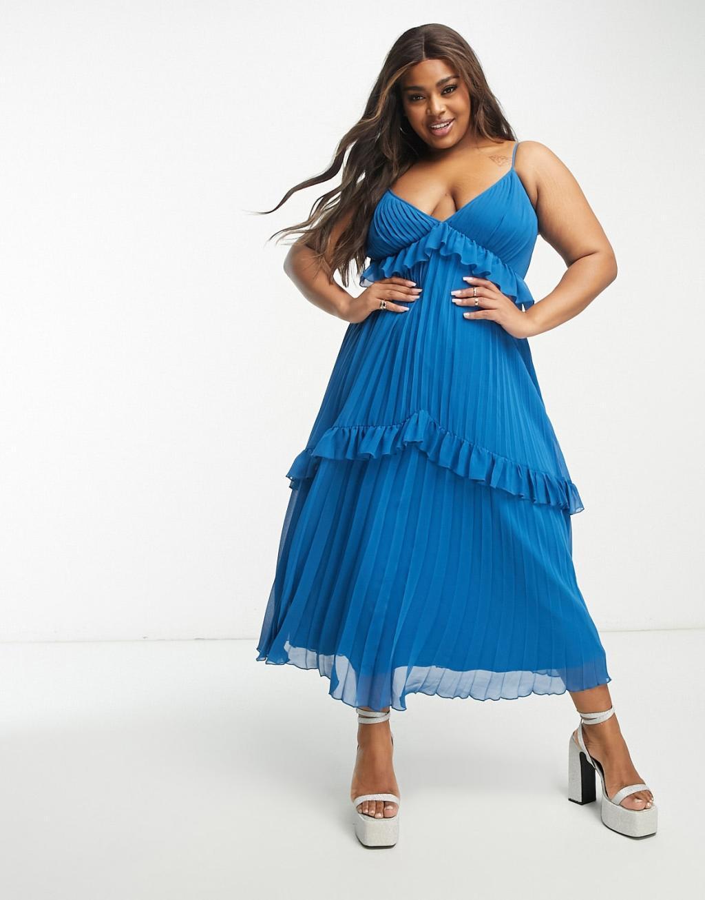 ASOS DESIGN Curve strappy pleated midi dress with frills Product Image