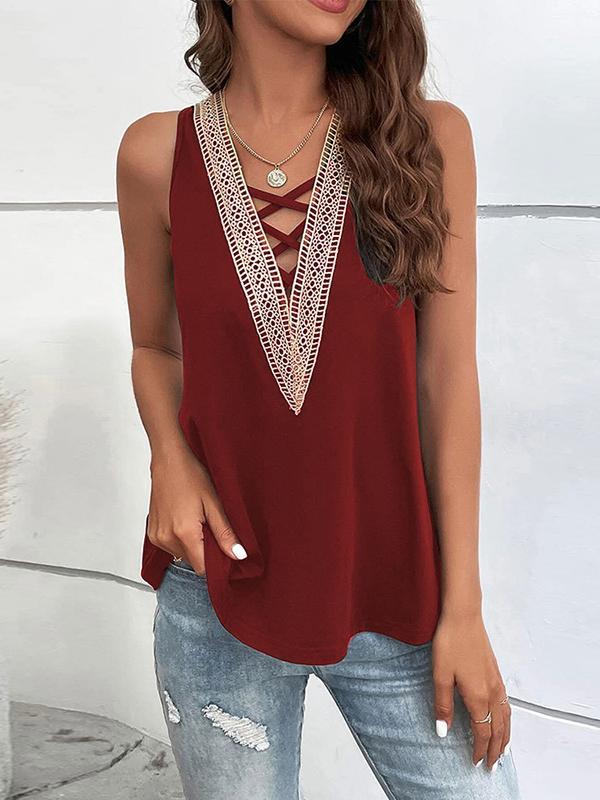 Loose Sleeveless Hollow Split-Joint V-Neck Vest Top Product Image