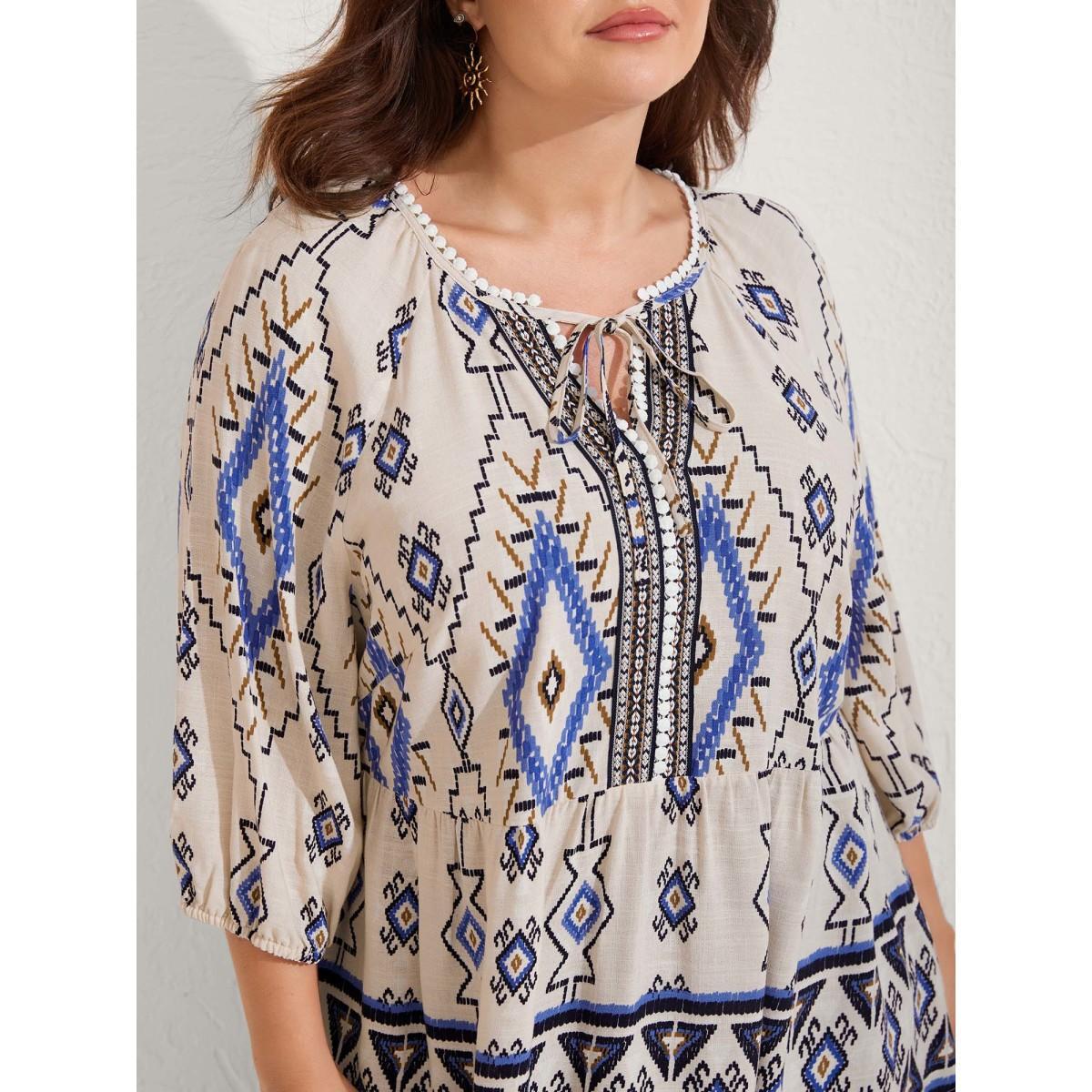 Plus Size Multicolor Boho Print Lace Detail Neck Tie Blouse Women Elbow-length sleeve Notched collar Vacation Blouses BloomChic 28/5X Product Image