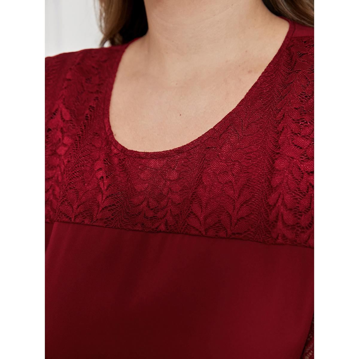 Plus Size Solid Lantern Sleeve Pocket Belted Contrast Lace Dress Burgundy Women Elegant Belted Round Neck Long Sleeve Curvy Midi Dress BloomChic 12/L Product Image