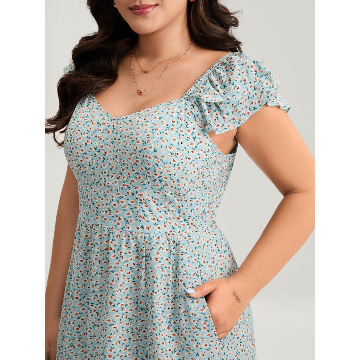 Plus Size Ditsy Floral Print Layered Ruffle Midi Dress Skyblue Women Slit Heart neckline Cap Sleeve Curvy BloomChic 22-24/3X Product Image