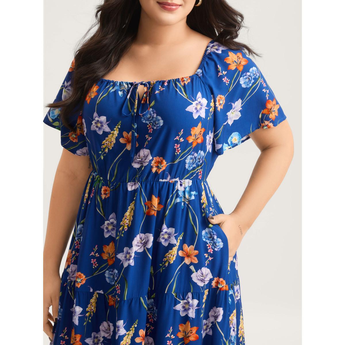 Plus Size Rayon Stretchy-Waist Floral Print Midi Dress Indigo Women Square Neck Short sleeve Curvy BloomChic 26/4X Product Image