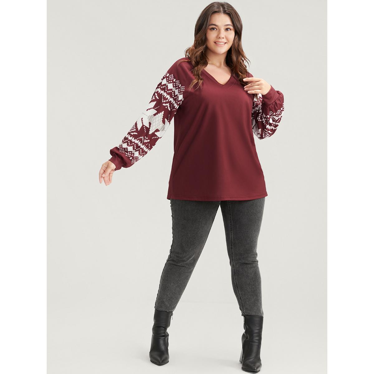 Plus Size Snowflake Print V Neck Drop Shoulder Sweatshirt Women Scarlet Casual Contrast V-neck Festival-Christmas Sweatshirts BloomChic 22-24/3X Product Image