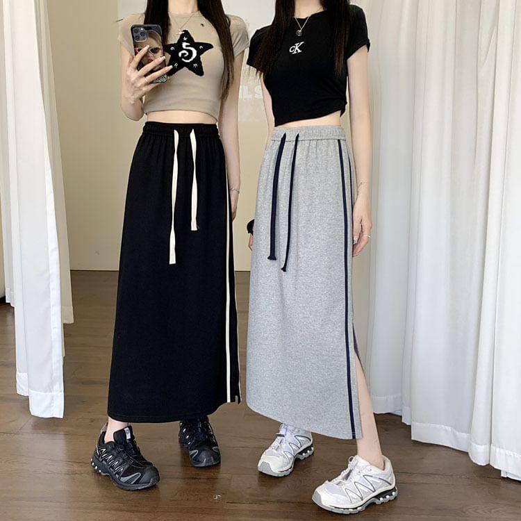 High Waist Striped Midi A-Line Skirt Product Image