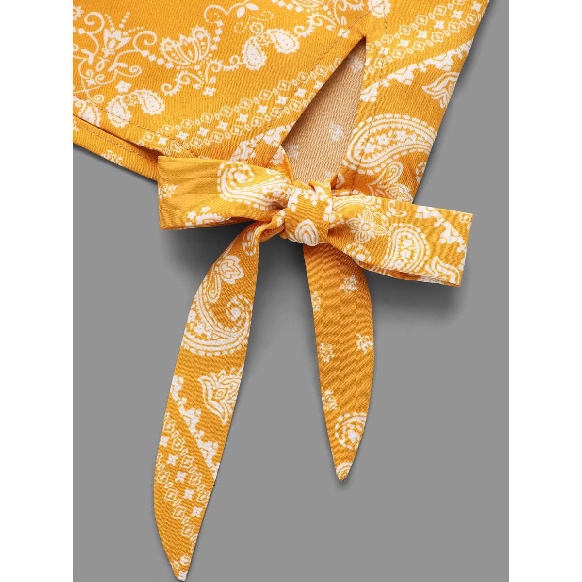 Plus Size Turmeric Round Neck Bandana Print Sleeve Tie Blouse Women Elegant Elbow-length sleeve Round Neck Everyday Blouses BloomChic 12/L Product Image