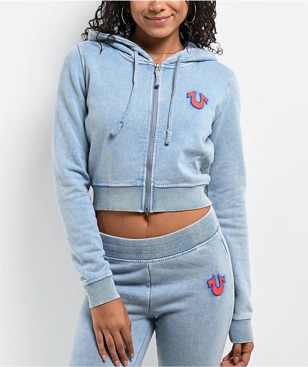 True Religion Big T Logo Blue Wash Crop Zip Hoodie Product Image