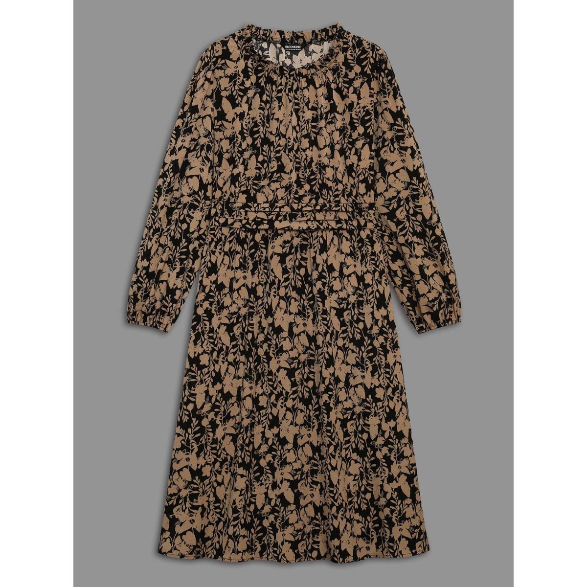 Plus Size Floral Mock Neck Ruffles Pleated Waist Dress Black Women Elegant Frill Trim Mock Neck Long Sleeve Curvy BloomChic 30/6X Product Image