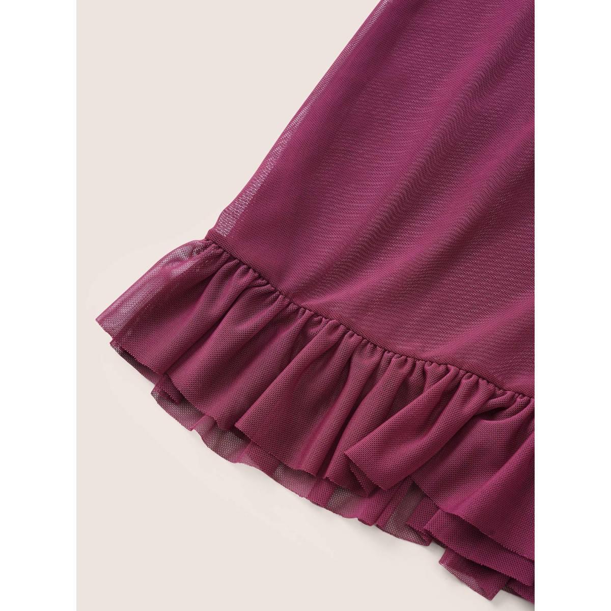 Plus Size Plain Drawstring Gathered Flutter Hem Swim Dress Women's Swimwear Burgundy Beach Bodycon V-neck High stretch Curve Swim Dresses BloomChic 18-20/2X Product Image