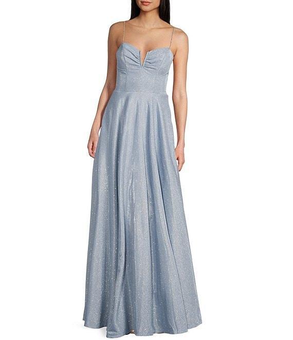 Midnight Doll Rhinestone V-Neck Ruched Long Dress Product Image