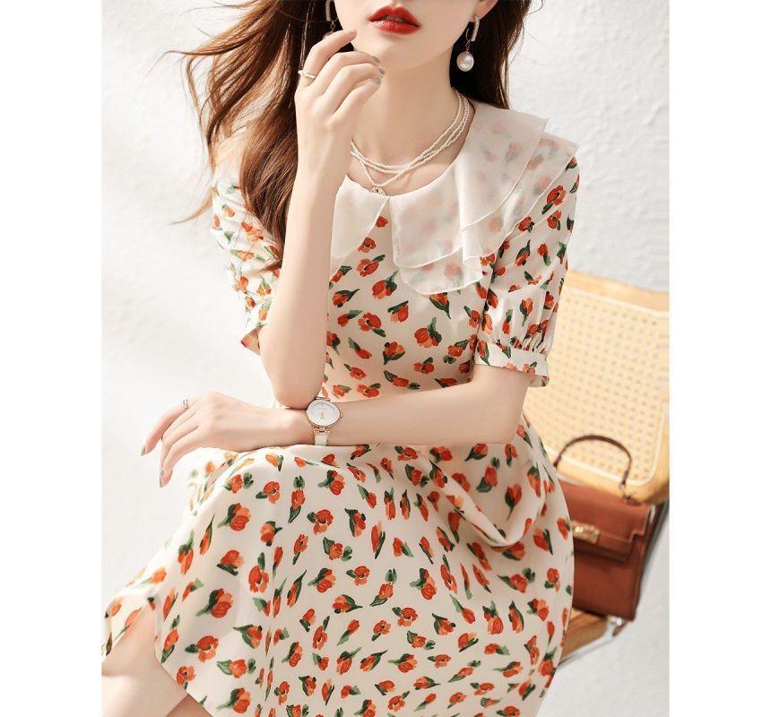 Short-Sleeve Collared Floral Midi A-Line Dress Product Image