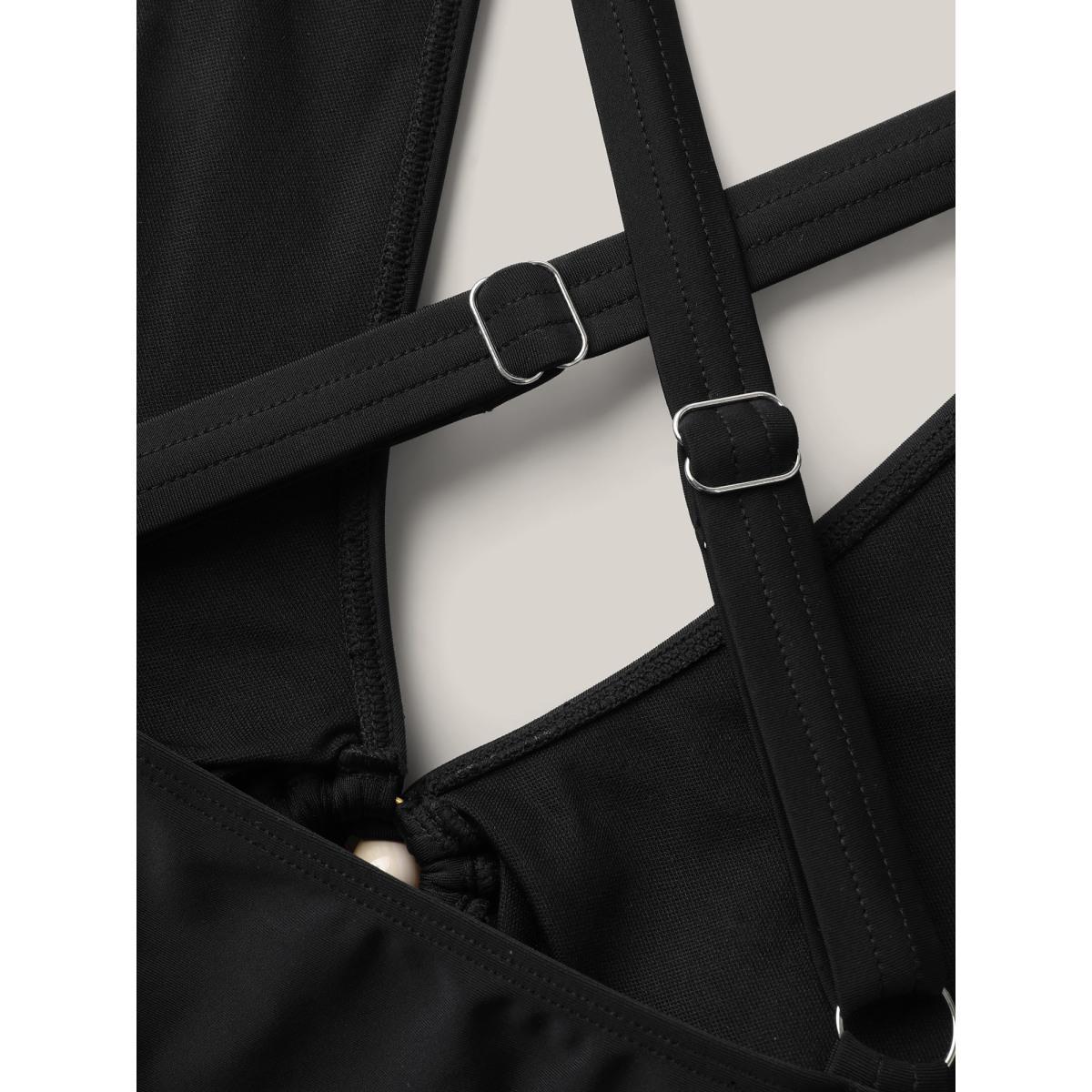 Plus Size Knotted Keyhole Crossstraps Swim Top Women's Swimwear Black Beach Tie knot High stretch Skinny V-neck Curve Swim Tops BloomChic 14-16/1X Product Image